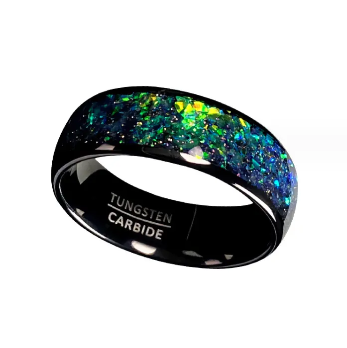 แหวนทังสเตนสีดำ8มม. สำหรับผู้ชายผู้หญิงแหวนแต่งงานแบบฝังโอปอลสำหรับงานอุกกาบาตของจริง