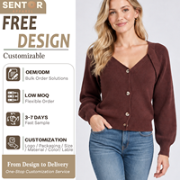 Cardigan en tricot côtelé à col en V pour femme, manches longues bouffantes, boutonné, court, personnalisable OEM/ODM, faible MOQ, logo personnalisé, conception gratuite