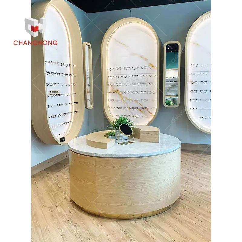 luxury round wooden sunglasses table display stand for glasses store optical shop interior furniture design