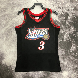 Presse à chaud personnalisée en gros, style rétro <span class=keywords><strong>76ers</strong></span> # <span class=keywords><strong>Maillot</strong></span> de basket sans manches 398 Season noir et blanc en maille poly unisexe adulte 2026 transfrontalier - Product Image 3