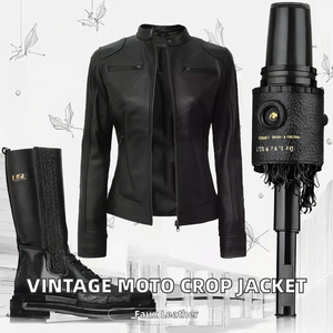 Fashion Unique <b>Vintage</b> Motorcycle Fall Autumn Winter Breathable Cotton Faux PU Leather <b>Cardigan</b> Crop Jacket for Women - Product Image 2
