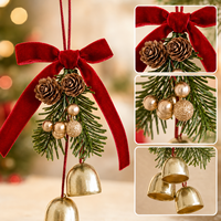 Weihnachtsglocke Hängende Dekoration Rote Velours-Schleife Tannenzapfen Weihnachtsbaum Tür Auto Deko Feiertagszubehör