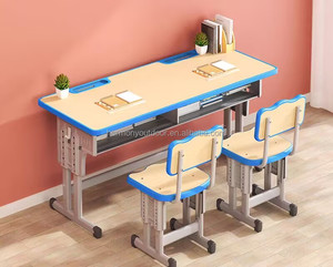 Ensemble de table et chaise double en bois réglable en hauteur pour salle de réunion minimaliste, salle de classe, étudiants, écoles primaires et secondaires - Product Image 4