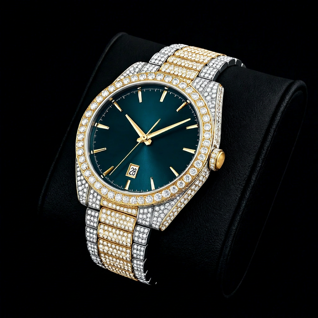 Luxury Green Dial Quartz Movement White Gold Diamond Paved Watch with Gold Tone Band Elegant Statement Timepiece
