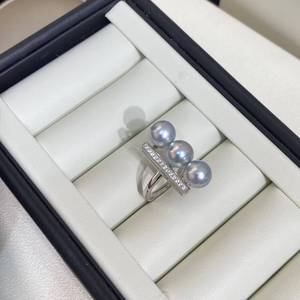 Anillo de Plata de Ley S925 con Perlas, Perlas Akoya Azules Aurora de 8 mm, Casi Redondas, con Pequeñas Imperfecciones, Diseño de Tres Perlas en Barra - Product Image 2