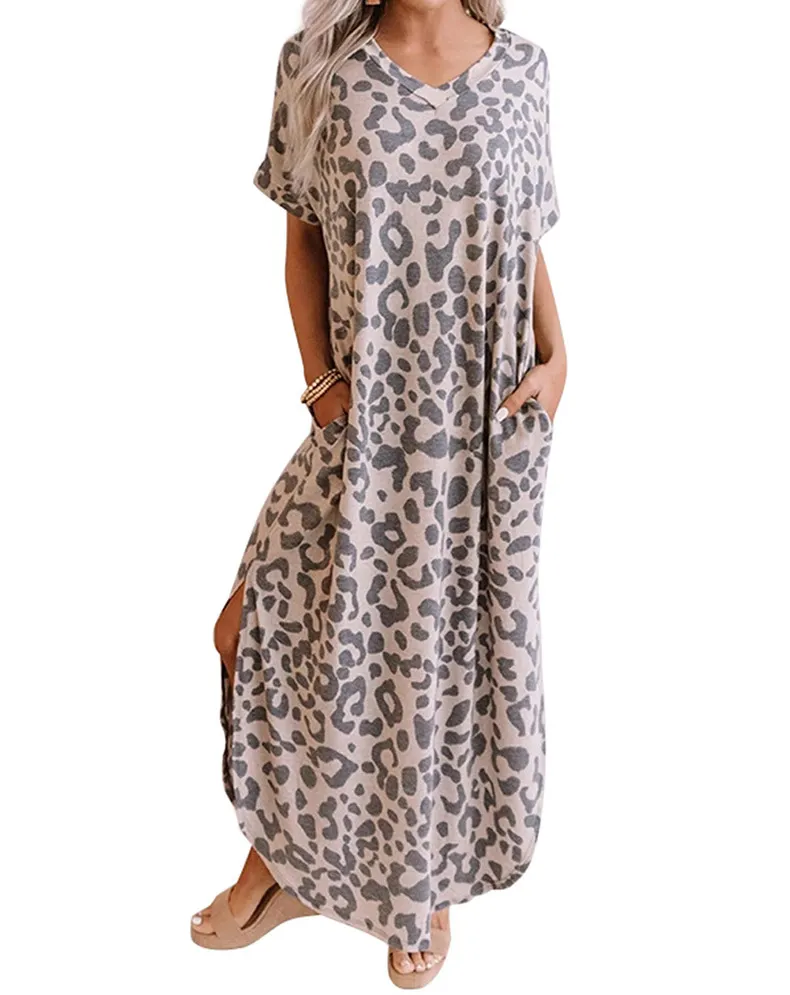 Nieuwste Fashion Vrouwen O-hals Luipaard Print Maxi Jurk