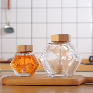 Barattolo in <span class=keywords><strong>Vetro</strong></span> Poligonale da 200ml, 380ml, 250ml con Coperchio in Sughero e Cucchiaio in Legno, Dispenser a Vite <span class=keywords><strong>per</strong></span> Salse, Miele e Marmellata <span class=keywords><strong>per</strong></span> Conservazione e Servizio - Product Image 3
