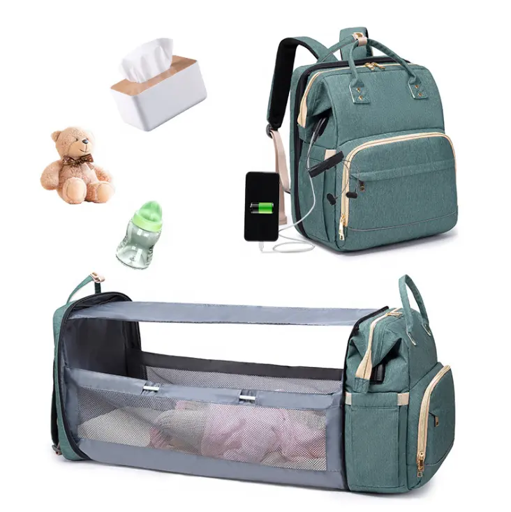 Bolsa de pañales 3 en 1 para bebé, bolsa de viaje multifunción USB para mamá, mochila de cuna plegable personalizada OEM con gancho para carrito