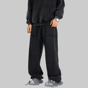Pantalons de survêtement amples à jambes droites pour hommes, de haute qualité, en tissu French Terry, surdimensionnés, décontractés, streetwear, avec empiècements, lavés - Product Image 2