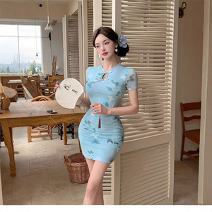 Retro Summer Modified Cheongsam Dress Floral Print Mandarin Collar Tight Waist Slim Fit Short Skirt Daily Wear Casual Dress - Product Image 3