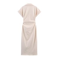 Robe midi en jean personnalisée pour femme, col à revers, manches courtes retroussées, boutonnée sur le devant, taille froncée, style moulant