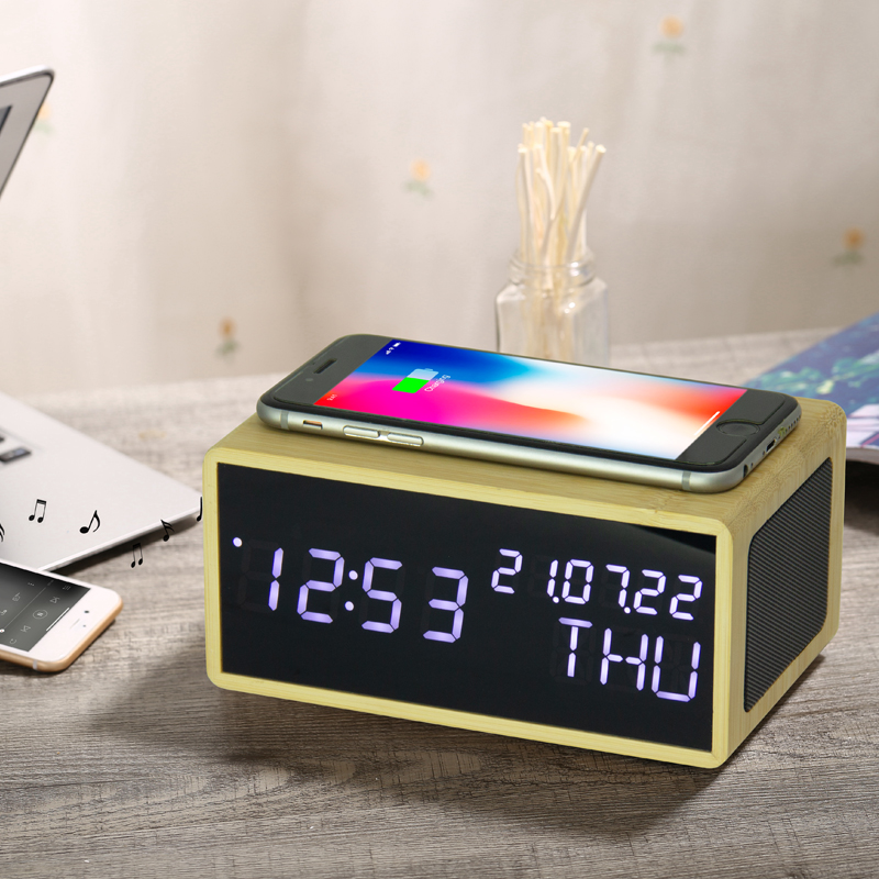 EMAF OEM новый продукт домашний декор Телефон 10 Вт Быстрое беспроводное зарядное устройство бамбуковый цифровой светодиодный динамик будильник с беспроводным BT динамиком