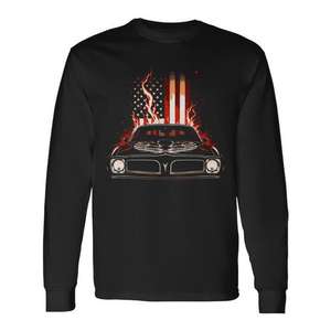 Camiseta de manga larga con estampado de la bandera patriótica flameante Trans Am Muscle Car de los años 70, unisex, cuello redondo, ropa promocional para adultos - Product Image 1