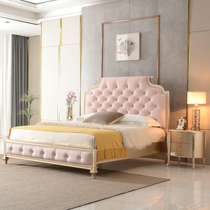<span class=keywords><strong>Lit</strong></span> de Mariage Américain de Luxe Moderne et Simple en Cuir Rose, Taille Européenne, en Bois Massif, Style Princesse Française - Product Image 3