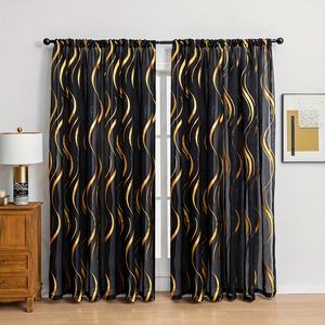 Cortinas transparentes con estampado de ondas de agua, diseño en <span class=keywords><strong>blanco</strong></span> <span class=keywords><strong>y</strong></span> negro con estampado en caliente dorado/plateado, tratamiento de ventana elegante para decoración del hogar - Product Image 2