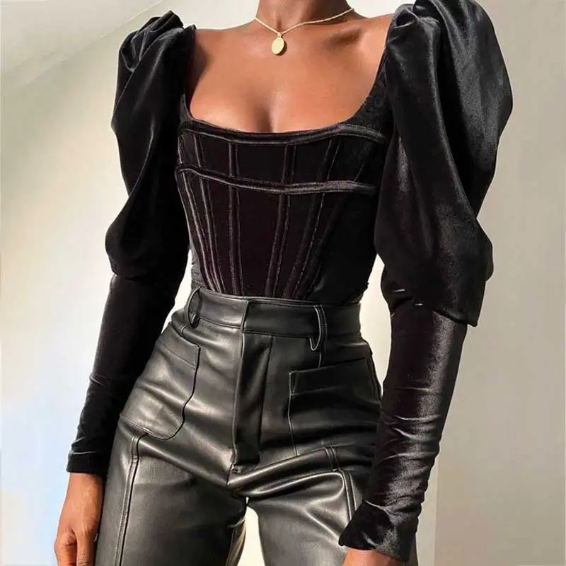 A4175 Modisches Black Puff Sleeve Damen Short Velvet Crop Top