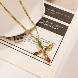 Collar de Cruz de Acero Inoxidable, Chapado en Oro de 18k, con Piedras de Colores, Estilo Bohemio Vintage, Colgante Ajustable, Regalo de Joyería - Product Image 1