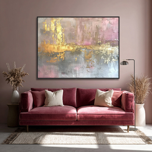 Art mural nordique moderne, peintures abstraites sur toile avec des paillettes roses peintes à la main pour la décoration du salon - Product Image 1