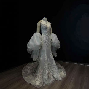 Robe de mariée sirène luxueuse et moderne NT01, richement ornée de perles, avec appliques florales en cristal et traîne chapelle - Product Image 5