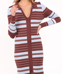 Abito midi da donna <span class=keywords><strong>in</strong></span> <span class=keywords><strong>maglia</strong></span> a costine a blocchi di colore, <span class=keywords><strong>vestito</strong></span> a <span class=keywords><strong>maglia</strong></span> aderente <span class=keywords><strong>con</strong></span> collo a polo e <span class=keywords><strong>spacco</strong></span>, abito casual a maniche lunghe - Product Image 2