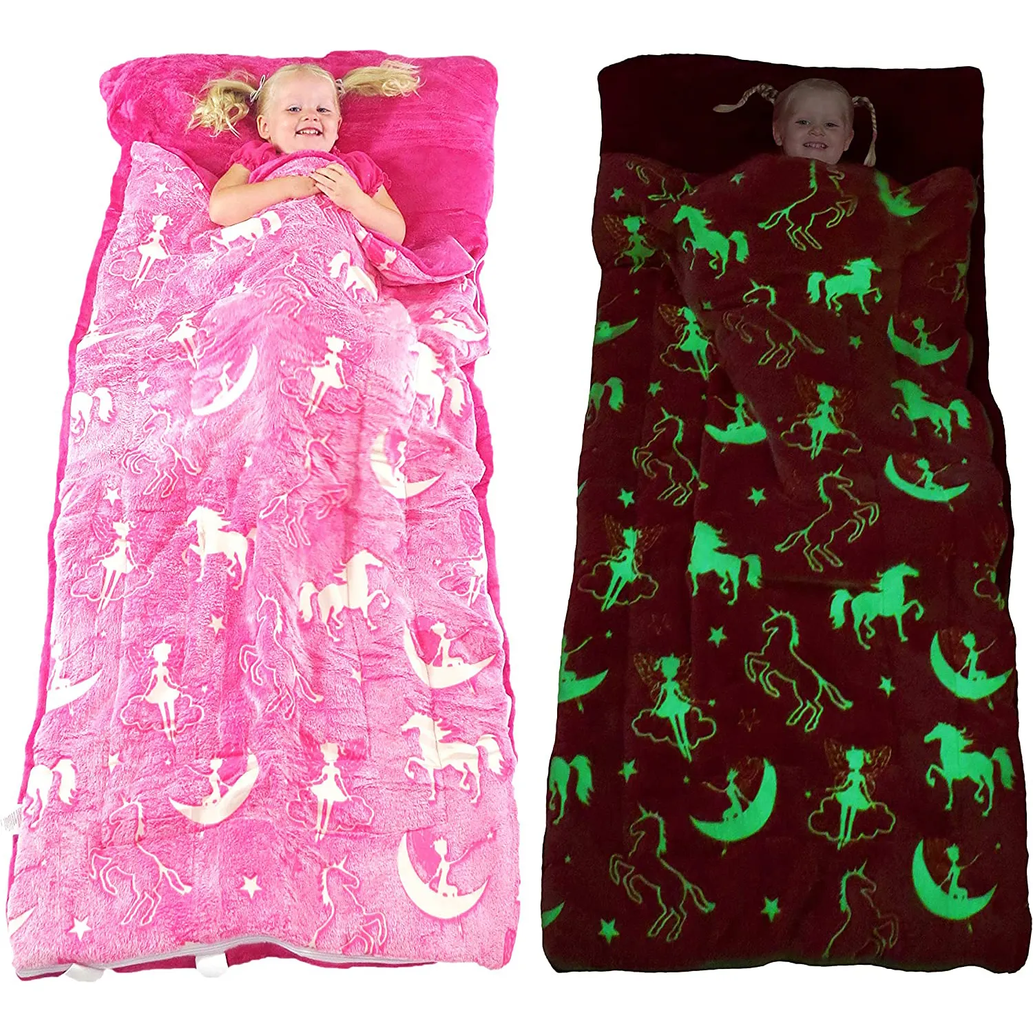 Kinder schlafsack Glow in The Dark Schlafsack für Mädchen und Jungen Große weiche, haltbare, warme Plüschs chlaf säcke mit Kissen