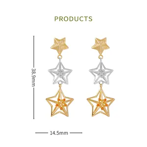 HAIKE Original 925 Sterling Silver Plated Gold 2 Tone Zircon Hollow Solid Star Long Drop Earring For Women