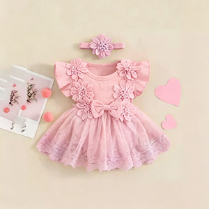 Abbigliamento per Bambini, Nuova Collezione Primavera-Estate, Tutina in Cotone con Fiori per Bambina, Maniche in Pizzo a Rete con Volant, Bottoni Nascosti, <span class=keywords><strong>Vestiti</strong></span> per Neonati - Product Image 4