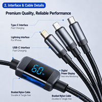 Câble de charge rapide 3-en-1 USB-A vers Type-C et Micro USB 8 broches avec écran LCD 60W, tressé en nylon, multi-connecteurs, vente en gros OEM