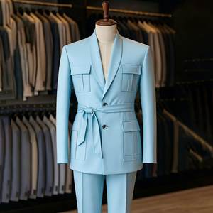 <span class=keywords><strong>Costume</strong></span> homme bleu marine avec ceinture, revers châle, coupe ajustée, blazer simple boutonnage, vêtement de luxe 2 pièces (veste et pantalon) pour le quotidien - Product Image 5