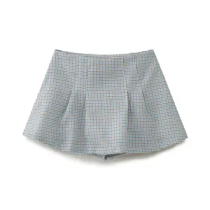 PB&ZA Women 2024 spring New Chic Fashion Wide pleated lattice Shorts Skirts Vintage High Waist Zipper Female Skorts Mujer