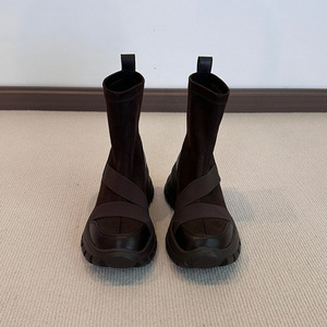 Bottines athlétiques rétro en cuir de vachette avec patchwork, plateforme de 7 cm, talon compensé invisible, bottes chaussettes extensibles amincissantes pour petites silhouettes - Product Image 4