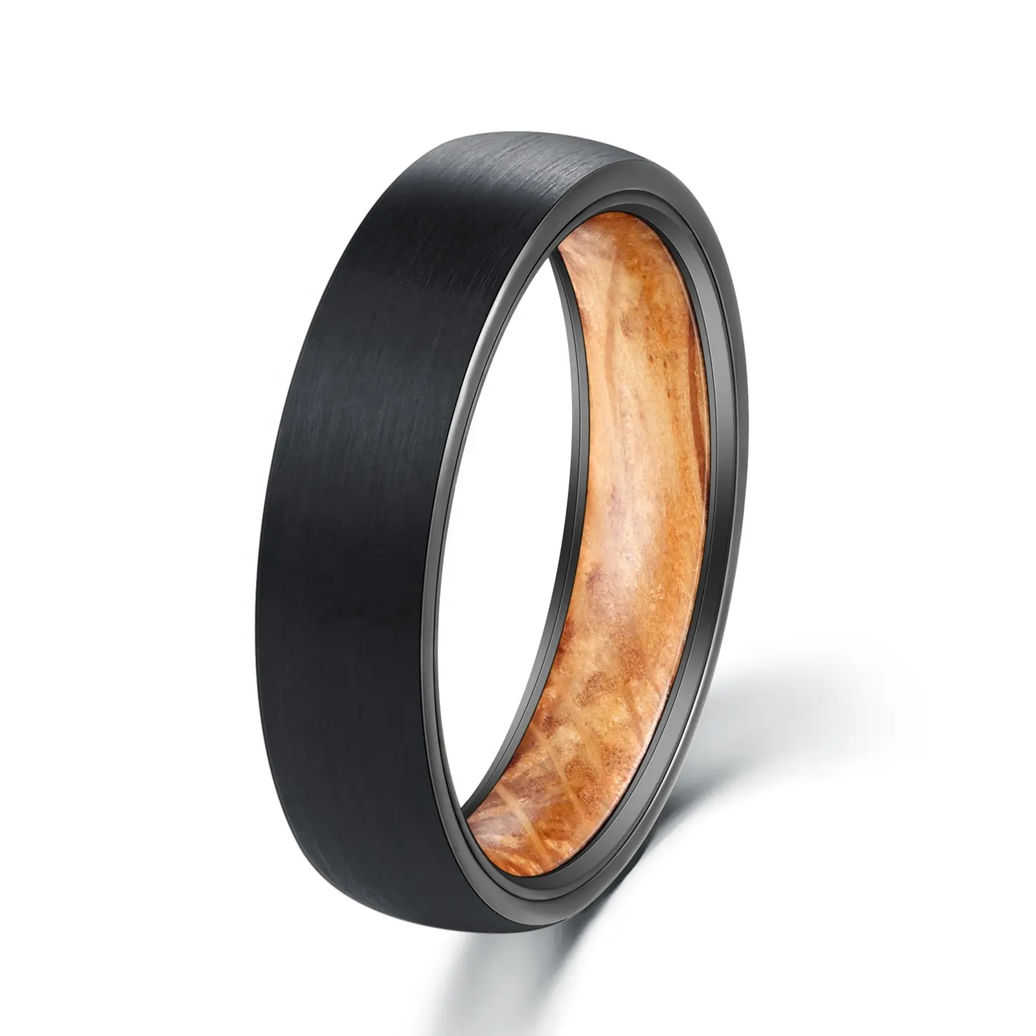 POYA 5.5mm Black Tungsten Oak Barrel Wood Sleeve Inlay Mens Wooden Wedding Band Domed Edge Comfort Fit