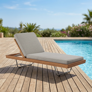 Chaise longue d'extérieur moderne en teck massif avec coussin et dossier inclinable pour jardin, terrasse, bord de piscine, hôtels et complexes hôteliers - Product Image 3