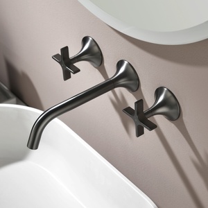 Robinet de salle de bain mural de luxe encastré, moderne et simple, en nickel brossé gris anthracite, à trois trous, <span class=keywords><strong>avec</strong></span> double poignée et valve en céramique - Product Image 3