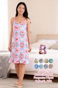 Camicia da notte estiva da donna Hello Kitty senza maniche in cotone, lunghezza al ginocchio, con stampa del personaggio, abito in maglia morbida - Product Image 3