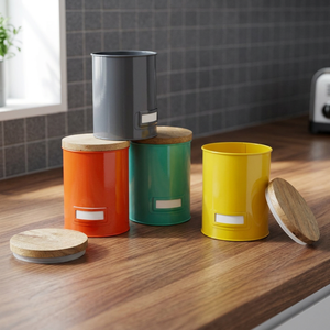 De cocina de Metal cajas de almacenamiento con diferentes colores con tapas de madera - Product Image 1