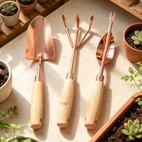 Kit d'outils de jardinage en acier inoxydable plaqué cuivre de qualité supérieure avec manche en bois : truelle, râteau à 3 dents, transplanteur – Outils manuels pour l'aménagement paysager
