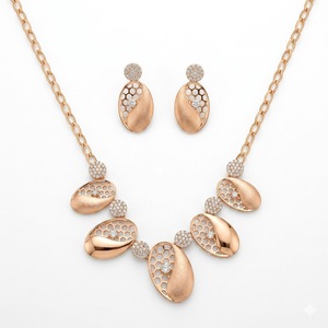 Rose Gold Geometric Fine 925 Silver Necklace Set with Matching <b>Earrings</b> <b>Crystal</b> <b>Studded</b> Fashion Jewelry for Women Wedding - Product Image 1