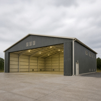 Hangar d'aviation gris avec porte avant pliante, aérations, entrée latérale et esplanade en béton