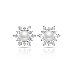 Pendientes de Perlas de Agua Dulce de Plata S925 con Halo de Diamantes CZ en Forma de Copo de Nieve, Joyería Elegante, Regalo para Mujeres y Niñas - Product Image 1