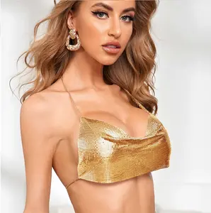 Sexy Crop Tops 2021 New Gold Halter V Neck Bra Top Beach Wear Party Cropped Women Tank Top