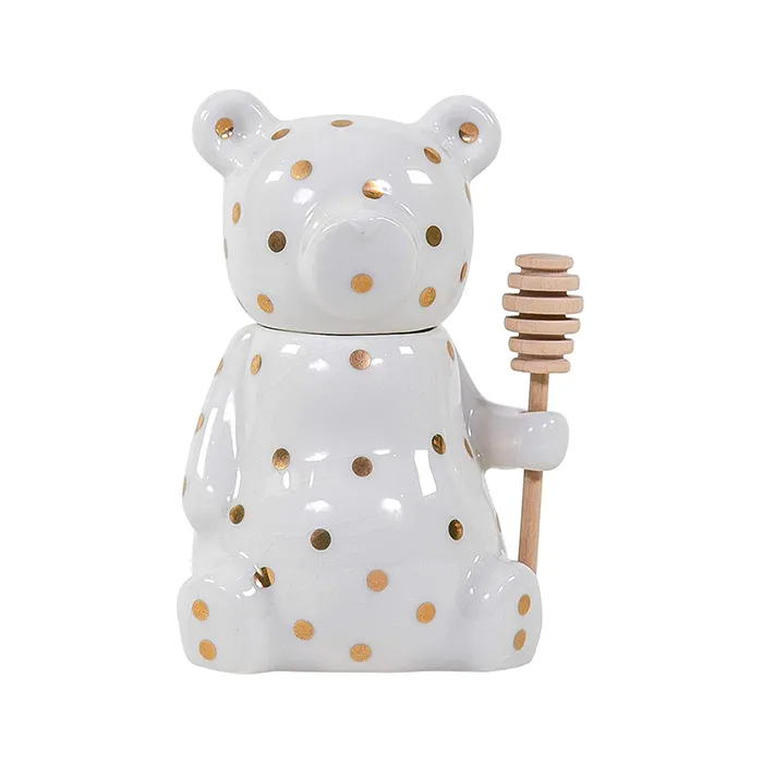 Vaso da miele in ceramica con orso carino bianco personalizzato con mestolo in legno