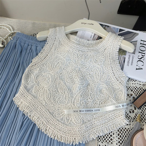 Nouvel ensemble d'été pour filles : débardeur sans manches en dentelle et pantalon plissé large en soie glacée, deux pièces - Product Image 4