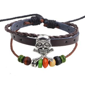 Skull Design <b>Braided</b> Leather Bracelet With <b>Beads</b> And Crossbones Multi Strap Waxed Rope Jewelry For Men And Women - Product Image 1