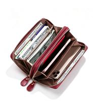 Portefeuille long en cuir de vachette huilé à deux fermetures éclair, multi-compartiments, avec dragonne, pochette téléphone, style rétro, pour voyage et espèces