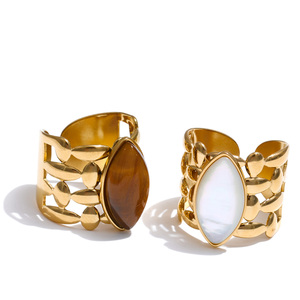 JINYOU 6842 Vintage Brown Tiger Stone Natural Stone Shell <strong>Ring</strong> Adjustable Stainless Steel Hollow Design <strong>Open</strong> <strong>Ring</strong> - Product Image 1