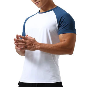 T-shirt coupe slim à manches raglan à blocs de couleurs T-shirt athlétique à coupe et couture en polyester Spandex à séchage rapide - Product Image 2