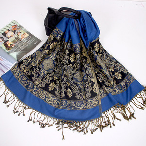 Women's 100% Polyester Jacquard <strong>Pashmina</strong> Shawl Cross <strong>Paisley</strong> Flowers Pattern Winter <strong>Scarf</strong> for Autumn Season - Product Image 1