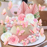 Rosa Rosen-Schmetterling Tortendekorations-Set Goldener Papierfächer Eukalyptusblatt Happy Birthday Topper Frauen Party-Zubehör