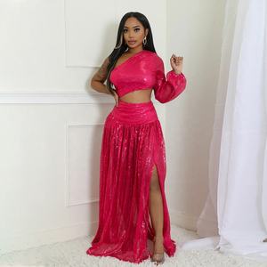 Yeni ışıltılı abiye giyim bir omuz uzun kollu Sequins parti elbise 2025 pullu Rhinestone yüksek bölünmüş gece kulübü balo elbise - Product Image 3